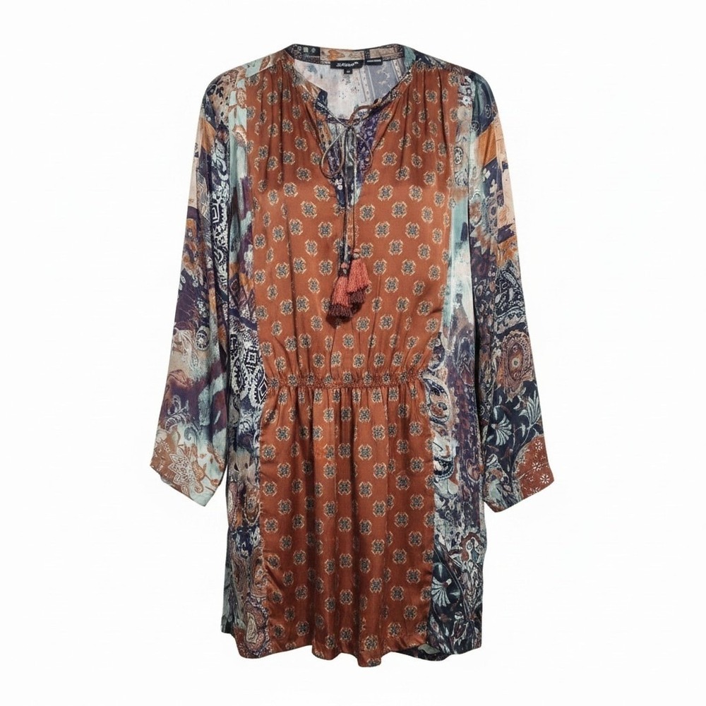 Tolani Collection 100% Cupro Silk Patchwork Womens size Medium Tassel Mini Dress